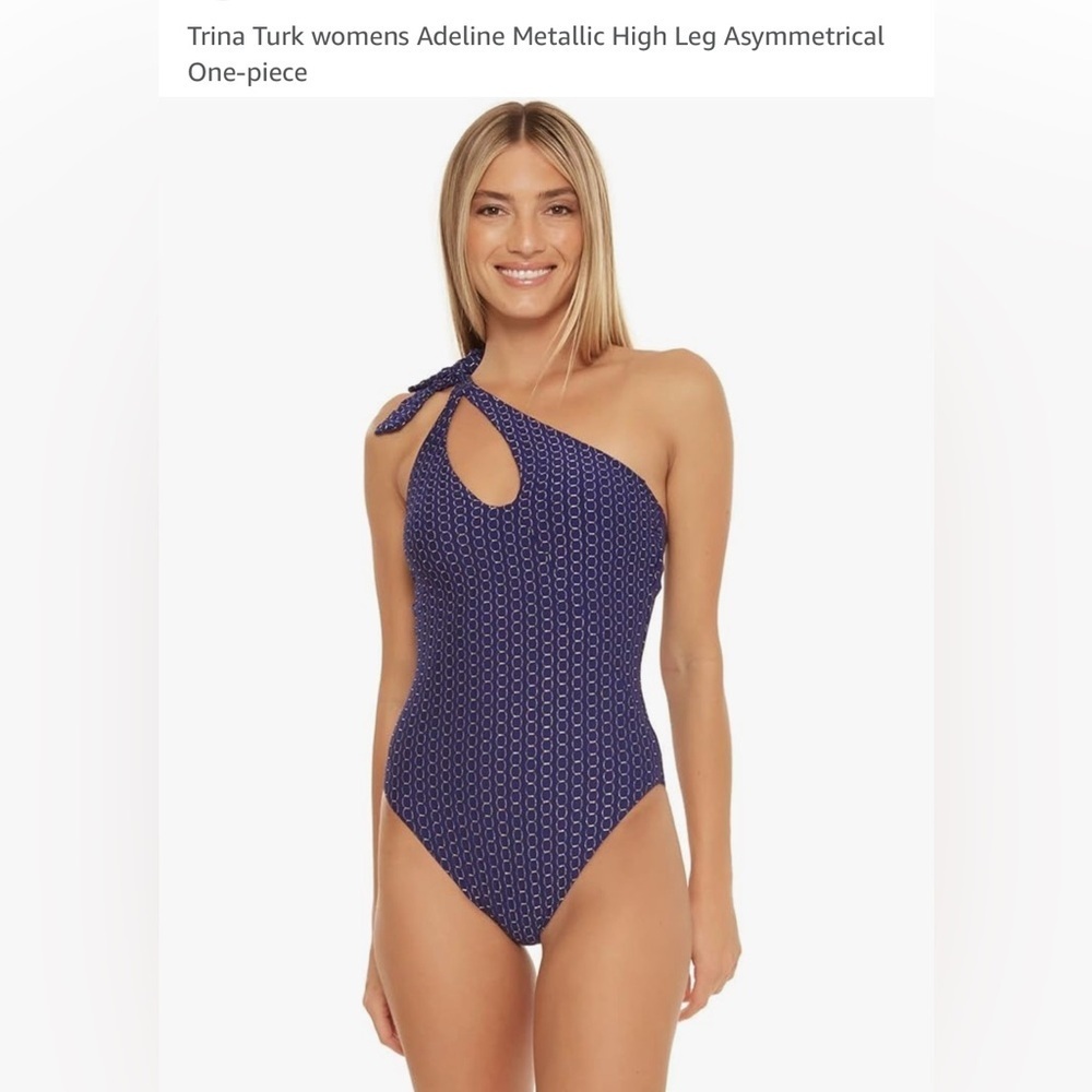 Trina Turk Adeline Metallic High Leg Asymmetrical One-piece Blue 14 NWOT